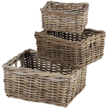 Weidenkorb-Set 3er-Set eckig - Aufbewahrungskörbe mit Vintage-Flair - Klassisches Weidengeflecht Used Optik - 3 Körbe mit Grifflöchern