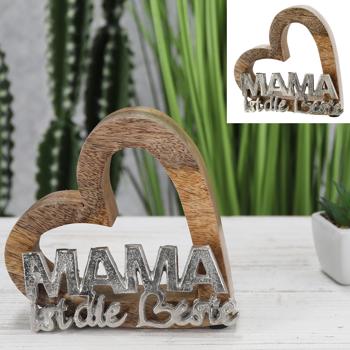 Preview: Dekoherz Holzherz Mama ist die Beste - Geschenk für Muttertag Geburtstag Weihnachten - Mangoholz Aluminium Natur - 15x5x15cm