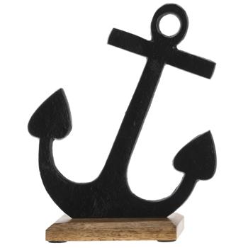 Aluminium Deko Anker auf Mangoholzsockel - Maritimer Aufsteller schwarz für Wohnzimmer Bad & Schaufenster - Elegante Meeresdekoration H 23 cm