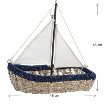 Preview: Aufbewahrungskorb Segelschiff Maritim - Dekokorb aus Seegras & Eisen - Nordisches Flair für Zuhause - L 45 x B 20 x H 45 cm - Blau Natur Weiss
