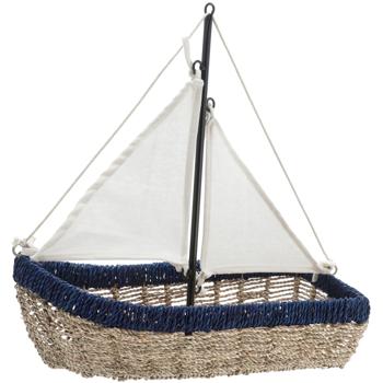 Aufbewahrungskorb Segelschiff Maritim - Dekokorb aus Seegras & Eisen - Nordisches Flair für Zuhause - L 45 x B 20 x H 45 cm - Blau Natur Weiss