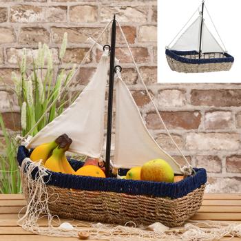 Preview: Aufbewahrungskorb Segelschiff Maritim - Dekokorb aus Seegras & Eisen - Nordisches Flair für Zuhause - L 45 x B 20 x H 45 cm - Blau Natur Weiss
