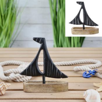 Preview: Segelboot Deko auf Mangoholzsockel - Edle maritime Dekoration für Wohnräume - Schwarz-Natur Design aus Aluminium, 17x17x5cm