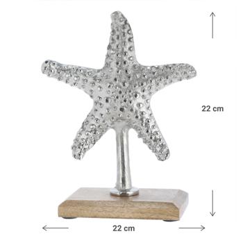 Preview: Deko Seestern Silber - Maritimer Aufsteller aus Aluminium auf Mangoholzsockel - Edle Meeresdekoration 22cm - Für Bad & Geschäft