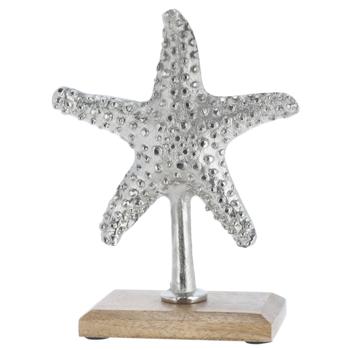 Deko Seestern Silber - Maritimer Aufsteller aus Aluminium auf Mangoholzsockel - Edle Meeresdekoration 22cm - Für Bad & Geschäft