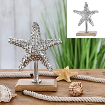 Preview: Deko Seestern Silber - Maritimer Aufsteller aus Aluminium auf Mangoholzsockel - Edle Meeresdekoration 22cm - Für Bad & Geschäft