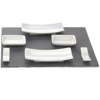 Sushi-Set 11-tlg - Schieferplatte & Porzellangeschirr mit Bambusmatte & Stäbchen - Zum Servieren & selbst Rollen - Edles Design - Modern