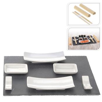 Preview: Sushi-Set 11-tlg - Schieferplatte & Porzellangeschirr mit Bambusmatte & Stäbchen - Zum Servieren & selbst Rollen - Edles Design - Modern