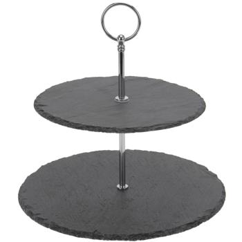 Premium Etagere aus Schiefer - 2 Ebenen Servieretagere & Dekotablett für Desserts Cupcakes - Ø 20/25 cm - Edles dunkles Design robust langlebig