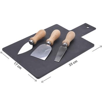 Preview: Käseplatte Schiefer - Servierplatte mit 3 Käsemessern & Holzgriff - L33xB17xH0,4cm - Elegant angerichtete Cheeseboards, Baguette, Antipasti & Snacks