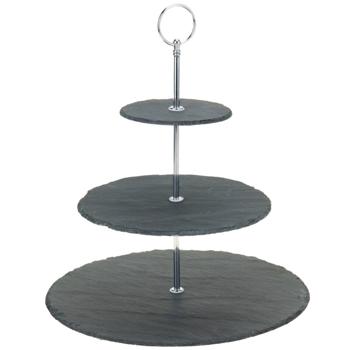 Etagere Schiefer mit 3 Ablagen - Dreistufiger Servierständer für Kuchen, Gebäck, Obst & Tapas - Naturstein, Metall Schwarz/Silber, H 34cm