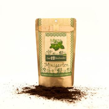 Preview: Saatgut Set Minze - Anzucht Komplett-Set mit Gartenerde, Samen, Anleitung & Pflanzstäbchen - wasserfeste Verpackung als Pflanztopf nutzbar - 80 Pflanzen