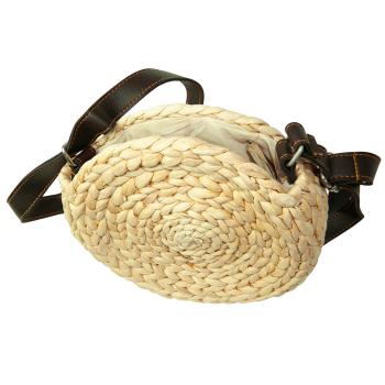 Runde Umhängetasche aus Naturmaterialien - Beige/Braun mit Lederriemen - Boho Chic Accessoire - Ø 20cm - Handgefertigt - Platz für Smartphone & Co.