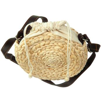 Preview: Runde Umhängetasche aus Naturmaterialien - Beige/Braun mit Lederriemen - Boho Chic Accessoire - Ø 20cm - Handgefertigt - Platz für Smartphone & Co.