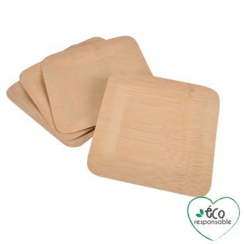 Preview: Bambus Einwegteller 4er-Set - quadratisch, flach, 23x23 cm - biologisch abbaubar & umweltschonend - Alternative zu Plastikgeschirr für Party, Picknick