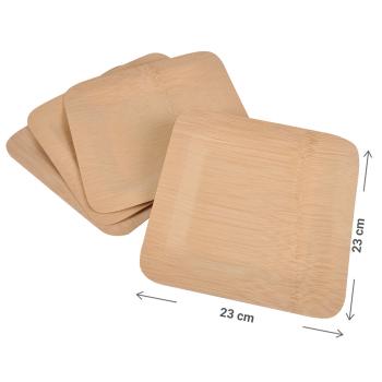 Preview: Bambus Einwegteller 4er-Set - quadratisch, flach, 23x23 cm - biologisch abbaubar & umweltschonend - Alternative zu Plastikgeschirr für Party, Picknick