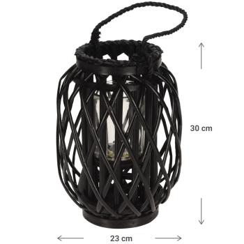 Preview: Laterne aus Rattan Geflecht - Windlicht mit Glaseinsatz & Tragekordel - Schwarz Ø 30x23 cm - Für Kerzen Teelichter Stumpenkerzen