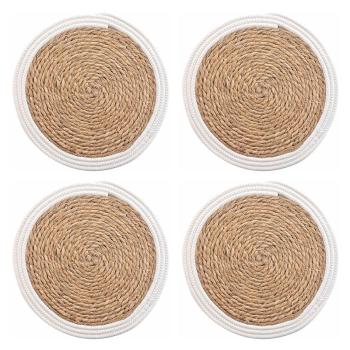 4er Tischsets aus Stroh-Geflecht - Platzdeckchen mit eleganter Baumwollumrandung - Braun/Weiss, Ø 38cm - Stabiler & langlebiger Schutz für Ess-/Couchtische