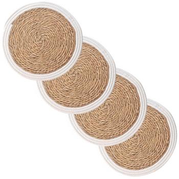 Preview: 4er Tischsets aus Stroh-Geflecht - Platzdeckchen mit eleganter Baumwollumrandung - Braun/Weiss, Ø 38cm - Stabiler & langlebiger Schutz für Ess-/Couchtische