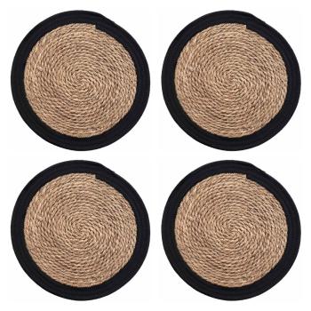4er Tischsets rund aus Stroh-Geflecht mit Baumwoll-Umrandung - Eleganter Tischschutz gegen Kratzer & Flecken - Ø 38cm braun-schwarz
