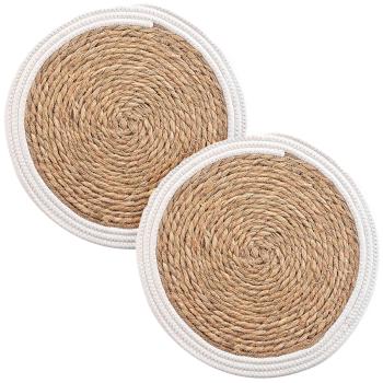 2er Stroh-Geflecht Tischsets - Platzdeckchen mit Baumwolle Umrandung - Rund Ø 38 cm - Braun-Weiss - Schutz vor Kratzern & Flecken - Stabil & langlebig