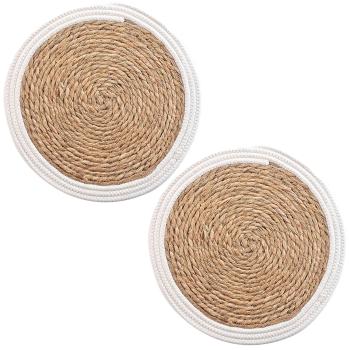Preview: 2er Stroh-Geflecht Tischsets - Platzdeckchen mit Baumwolle Umrandung - Rund Ø 38 cm - Braun-Weiss - Schutz vor Kratzern & Flecken - Stabil & langlebig