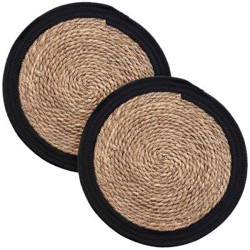 2er Tischsets Stroh-Geflecht - Platzdeckchen mit Baumwollrand braun/schwarz Ø 38cm - Eleganter Schutz für Ess-/Couchtische - Stabil & langlebig