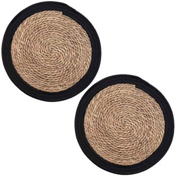 Preview: 2er Tischsets Stroh-Geflecht - Platzdeckchen mit Baumwollrand braun/schwarz Ø 38cm - Eleganter Schutz für Ess-/Couchtische - Stabil & langlebig