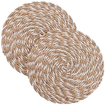 2er Tischsets aus Stroh-Polyester-Geflecht - Rundes Platzdeckchen für Esstisch - Braun-Weiss, Ø 38 cm - Schutz vor Kratzern & Flecken