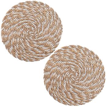 Preview: 2er Tischsets aus Stroh-Polyester-Geflecht - Rundes Platzdeckchen für Esstisch - Braun-Weiss, Ø 38 cm - Schutz vor Kratzern & Flecken