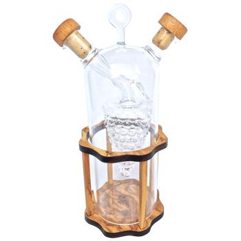 Öl- & Essigspender 2in1 - Glas & Olivenholz Ständer - Mediterranes Design, 2 Kammern, Öl 250ml/Essig 125ml - 20x9cm - Handgefertigt aus Italien
