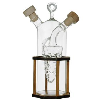 Preview: Öl- & Essigspender 2in1 - Glas & Olivenholz Ständer - Mediterranes Design, 2 Kammern, Öl 250ml/Essig 125ml - 20x9cm - Handgefertigt aus Italien