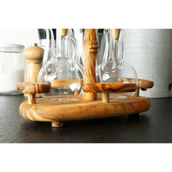 Preview: Olivenholz Menage - Handgefertigt - Öl- & Essigspender mit Glasflaschen & Holzdeckel - 19x22x11cm - Mediterranes Design & Geschenkidee