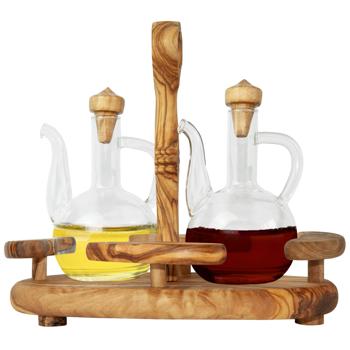 Preview: Olivenholz Menage - Handgefertigt - Öl- & Essigspender mit Glasflaschen & Holzdeckel - 19x22x11cm - Mediterranes Design & Geschenkidee