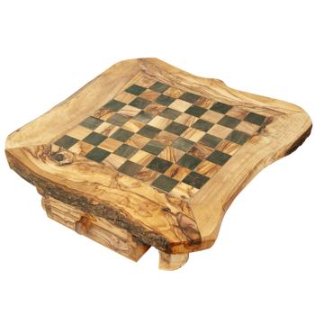 Schachbrett Olivenholz – Erhöht mit Figuren & Schublade – Exklusives Brett Made in Italy – 30x30cm – Handgefertigt, geölt, Naturmaserung