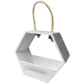 Deko-Korb Bienenwabenform aus Holz - Shabby Chic weiss mit Seilaufhängung, für Pflanzen & Geschenkverpackung - 21x10x18cm - MDF/Seil