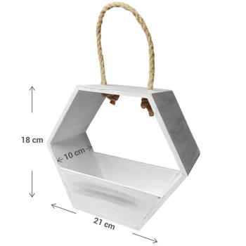 Preview: Deko-Korb Bienenwabenform aus Holz - Shabby Chic weiss mit Seilaufhängung, für Pflanzen & Geschenkverpackung - 21x10x18cm - MDF/Seil