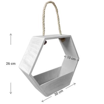 Preview: Deko-Korb Bienenwabenform mit Seilaufhängung - Vielseitig einsetzbar für Pflanzen & Geschenke - Holz (MDF) - Shabby Chic Weiss - 30x10x26cm