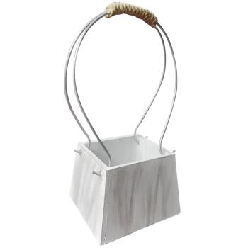 Deko Korb Holz mit Drahtaufhänger - Shabby Chic Weiss - Handgefertigt, vielseitig einsetzbar - 12x12x25cm - MDF - Ökologische Farben