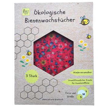 Preview: Bienenwachstücher 3er Set - Wiederverwendbare Alternative zu Frischhaltefolie für frische Lebensmittel - Rund, Rot mit Blumen-Muster, 33/25/20cm