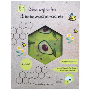 Preview: Bienenwachstücher 3er Set - Rundes Avocado-Design Grün-Gelb - Nachhaltige & wiederverwendbare Alternative für frische Lebensmittel im Kühlschrank - 33/25/20cm