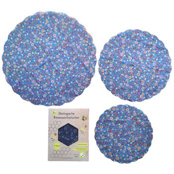 Bienenwachstücher 3er-Set - Frische Lebensmittel, nachhaltig & wiederverwendbar - Runde Form, blaues Blumendesign, 33/25/20cm – Umweltfreundlich