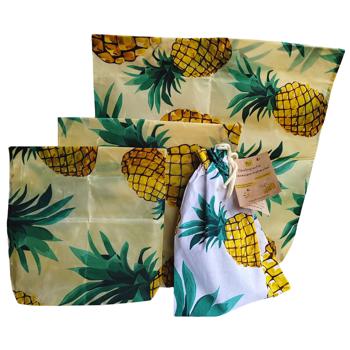 Premium 3er Bienenwachsbeutel Ananas Design - Nachhaltige Lebensmittelaufbewahrung - Wiederverwendbar, Antibakteriell, 3 Grössen - Gelb-Natur