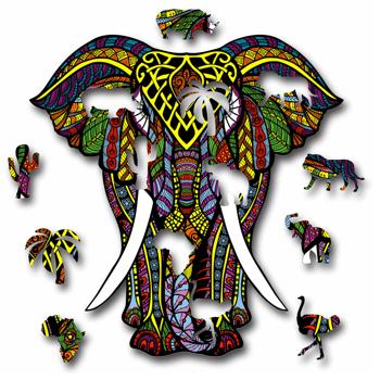 Preview: Holzpuzzle Elefant - Farbenprächtiges Tier-Puzzle 97 Teile - Fördert Konzentration & Kurzzeitgedächtnis - Inkl. Tier-Extras - HDF 30x30cm