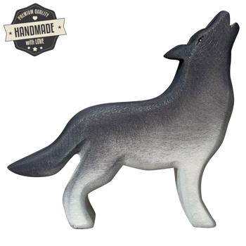 Preview: Holztier Wolf - handgefertigt, nachhaltig mit Bio-Ölen - Holzspielzeug für fantasievolles Spielen - ideal als Geschenk, 13x11x3 cm