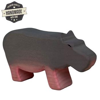 Preview: Holztier Nilpferd handgefertigt - Fördert fantasievolles Spiel & Intelligenz - Nachhaltig mit Bio-Ölen poliert - 16x8x3 cm Grau für Kinder ab 3 Jahren