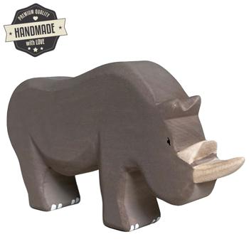 Preview: Holztier Nashorn handgefertigt - Fördert Fantasie & Intelligenz - Nachhaltige Linde, Bio-Öle, wasserbasierte Farben, 17x9x3 cm - Geschenk ab 3 Jahren