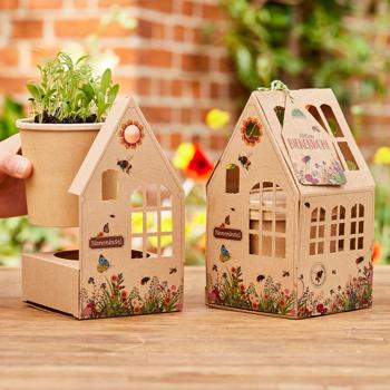 Preview: Wildblumen-Gewächshäuschen Bieneninsel – Anzuchtset – Für Bienen, Hummeln, Schmetterlinge – Deko Gartenhäuschen, Pflanzgefäss, Substrat, Saatgut