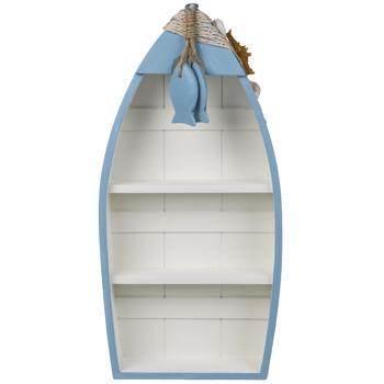 Deko-Boot aus Holz mit maritimer Deko - Mini-Regal für Wohnzimmer & Bad - Blau-Weiss-Beige - 42x20cm - Mit Seestern Muscheln & Netz