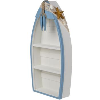 Preview: Deko-Boot aus Holz mit maritimer Deko - Mini-Regal für Wohnzimmer & Bad - Blau-Weiss-Beige - 42x20cm - Mit Seestern Muscheln & Netz